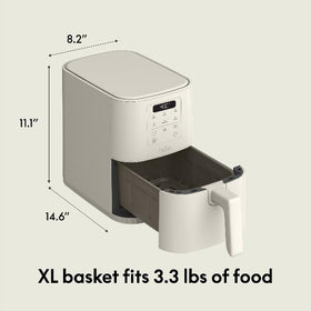 Exterior of Bella 4Qt Slim Air Fryer in Oatmilk with soft matte finish.