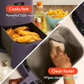 Bella 4Qt Slim Air Fryer XL basket holds up to 3.3 lbs for family meals.