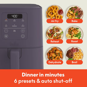 Bella 4Qt Slim Air Fryer crisping tray and basket promote even browning and quick cleanup.