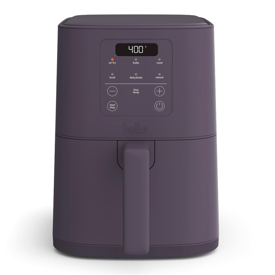 Bella 4Qt Slim Air Fryer front view shows compact design ideal for small spaces.