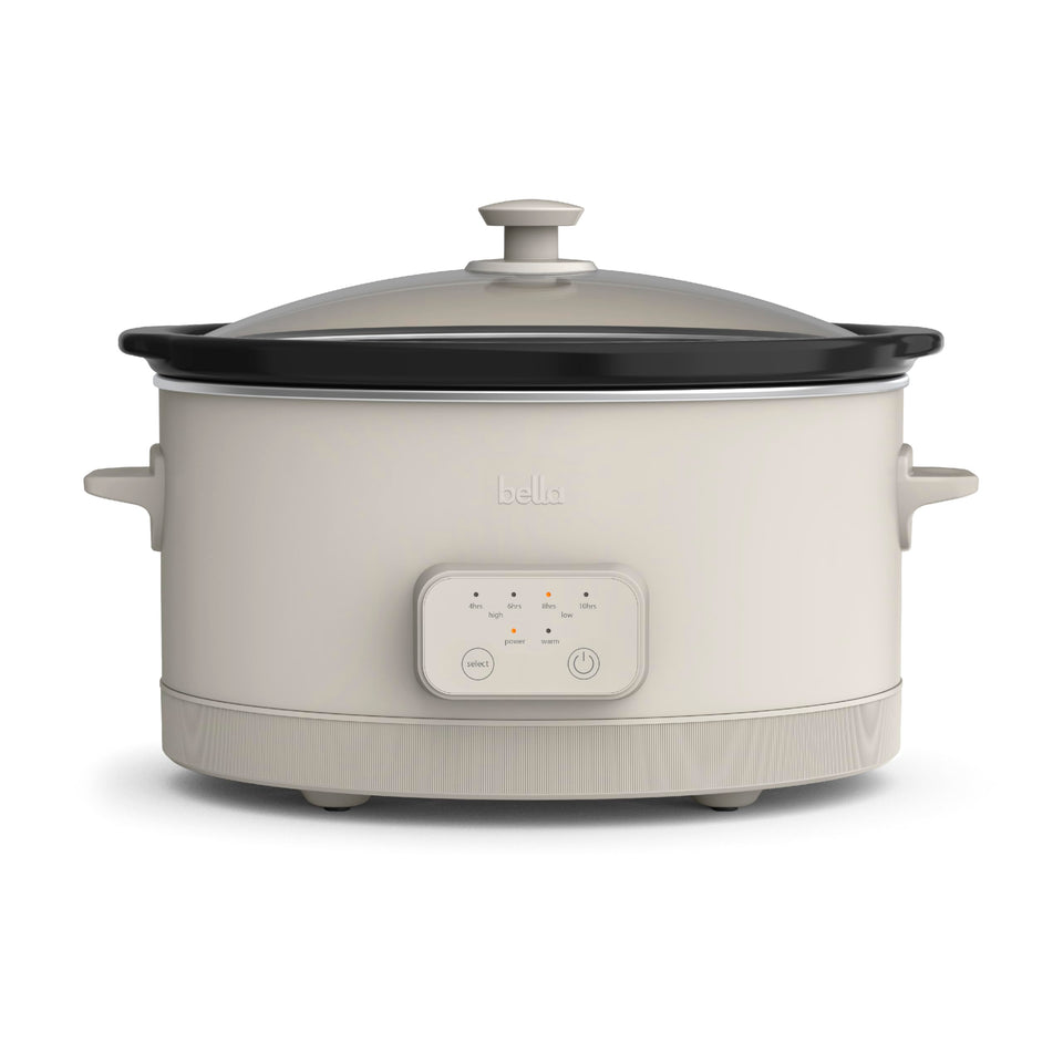 Bella 6-quart slow cooker front view shows compact family-friendly design
