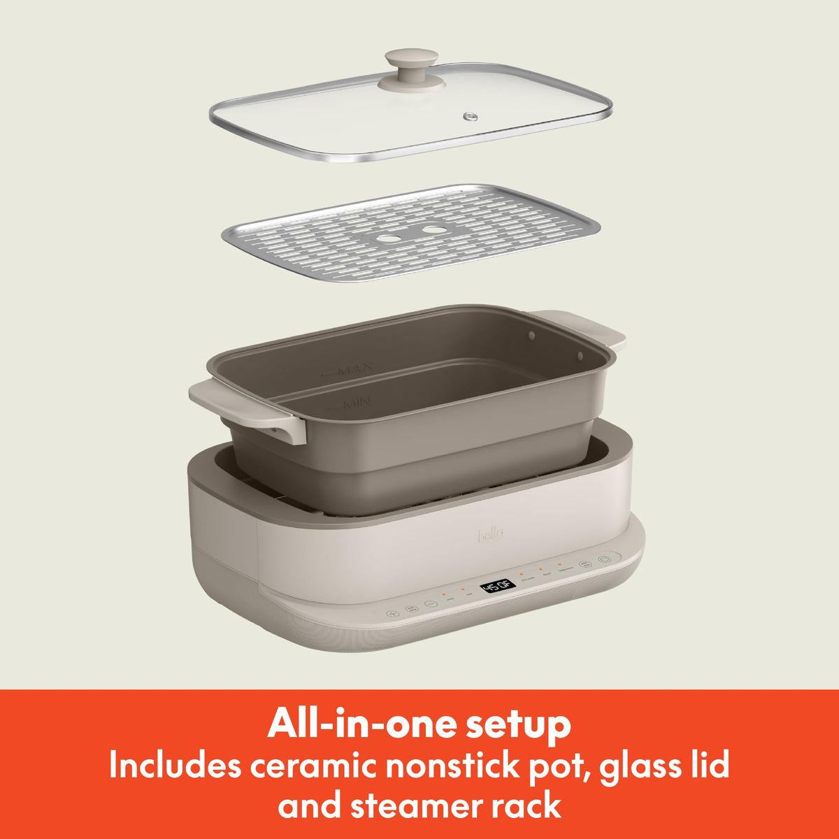 Bella 6.0 qt multi-cooker with ceramic nonstick coating for easy release and cleanup.