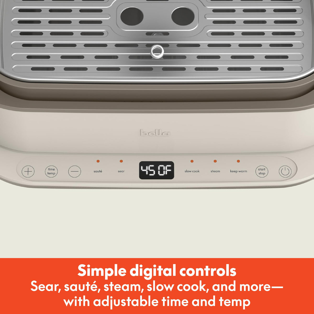 Bella 6.0 qt multi-cooker showing sear function for flavorful browning.