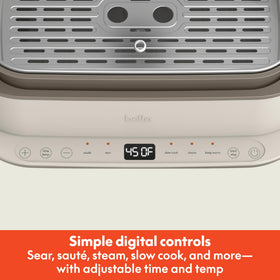 Bella 6.0 qt multi-cooker showing sear function for flavorful browning.