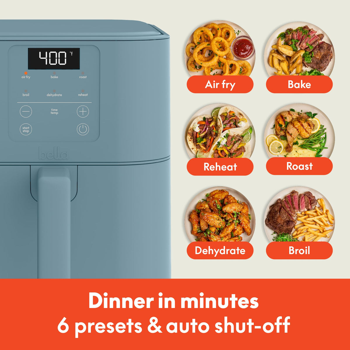 Bella 6qt Slim Air Fryer ceramic coating highlights easy release and cleaning