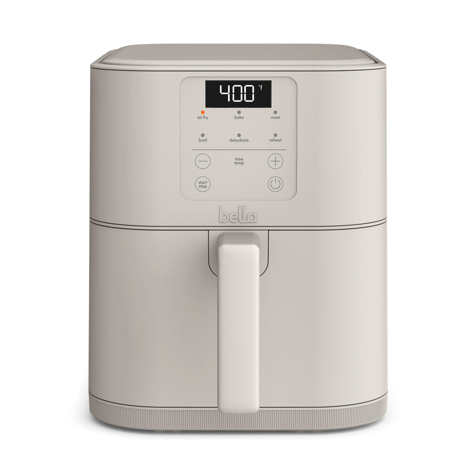 BELLA 6 Qt Slim Air Fryer front view showing compact footprint.