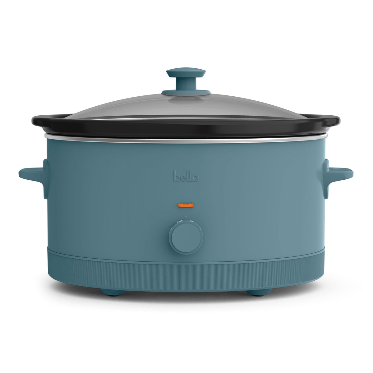 BELLA 6.0 Qt slow cooker with ceramic nonstick interior for easy food release.