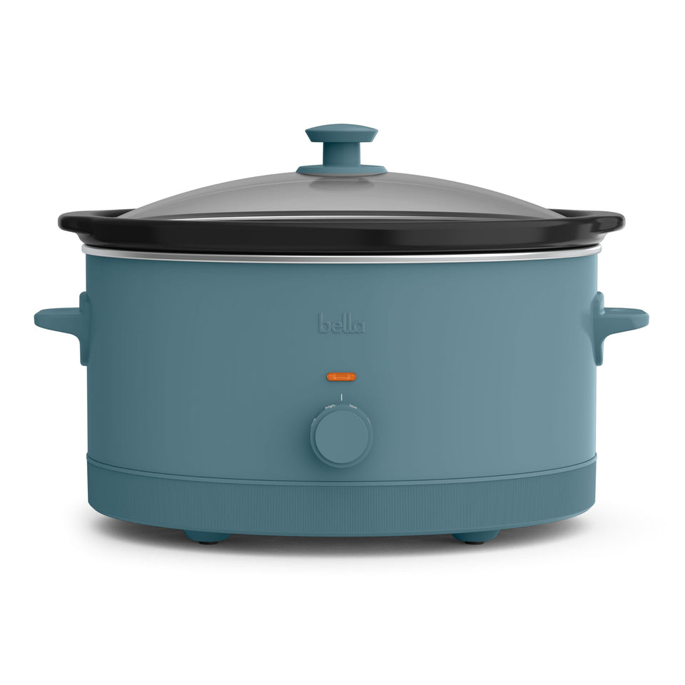BELLA 6.0 Qt slow cooker with ceramic nonstick interior for easy food release.