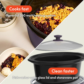 Bella slow cooker features cool-touch handles for safe serving.