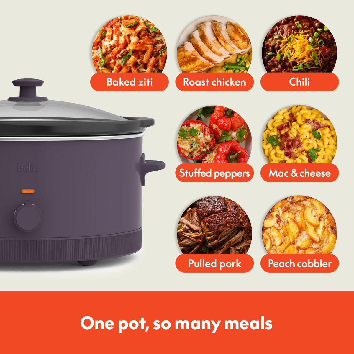 Three heat settings on Bella slow cooker for versatile cooking.