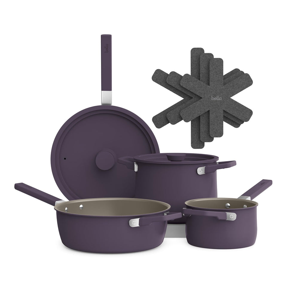 Bella 9-piece cookware set shows nesting design for space-saving storage.
