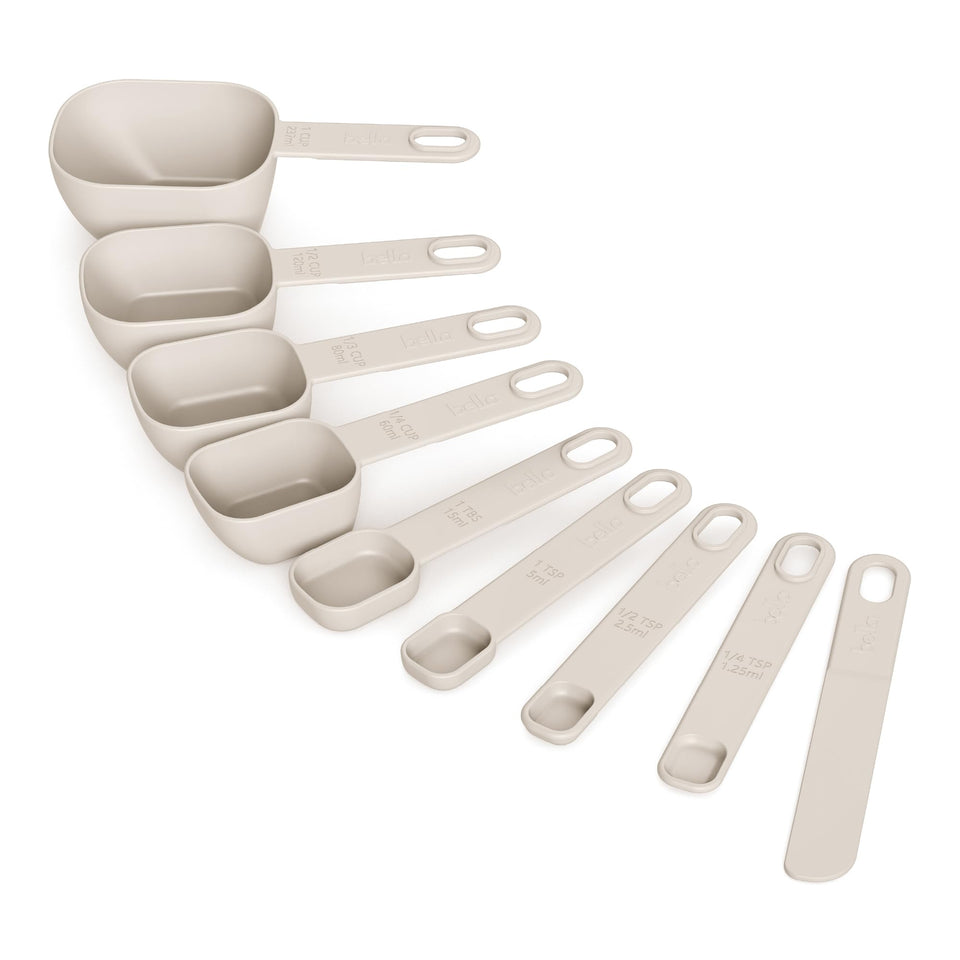 BELLA 9-piece nested measuring cups and spoons set for space-saving storage.
