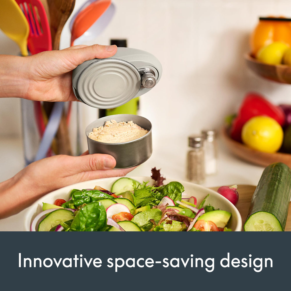 Bella Automatic Can Opener showcasing a durable stainless steel blade.