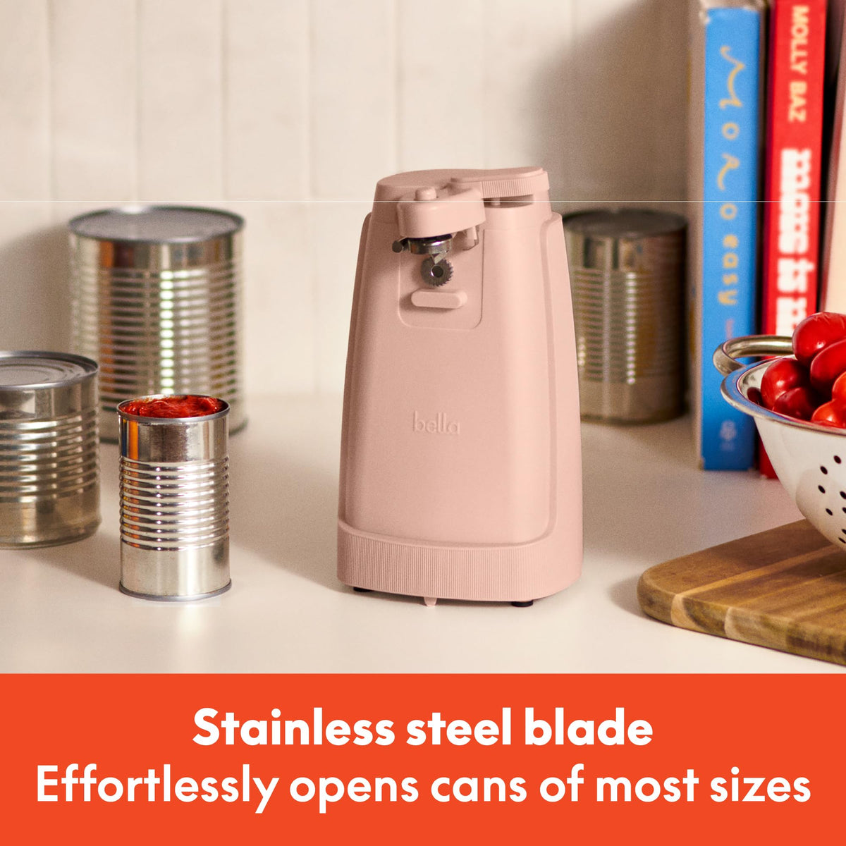 BELLA electric can opener and knife sharpener demonstrates one-touch lid pop for effortless use.