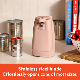 BELLA electric can opener and knife sharpener demonstrates one-touch lid pop for effortless use.