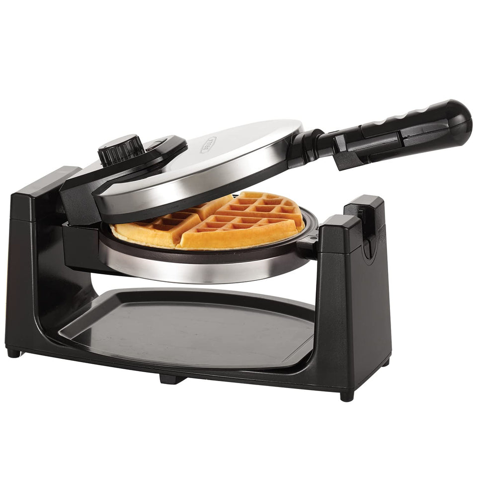 BELLA Classic rotating waffle maker front view, stainless steel for quick browning