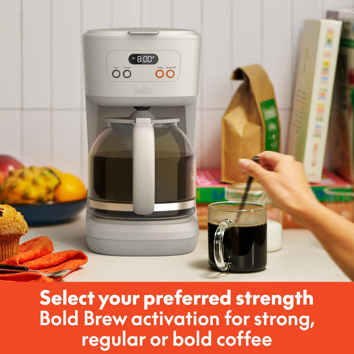 BELLA coffee maker pause-and-serve feature lets you pour mid-brew cleanly.