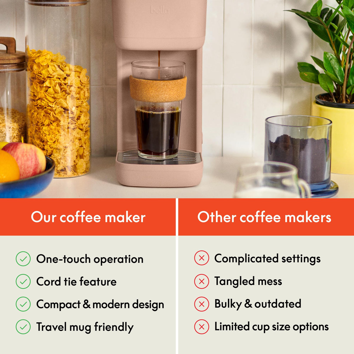BELLA removable filter and pod adapter for easy ground coffee or pod use.
