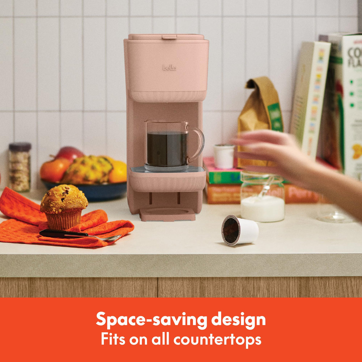 BELLA adjustable drip tray accommodates mugs up to seven inches tall for on-the-go brewing.
