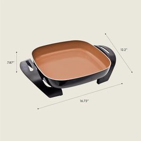 BELLA Copper skillet with glass lid keeps heat contained and monitoring effortless.