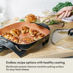 BELLA cool-touch handles stay comfy while moving hot pans from stove to table.