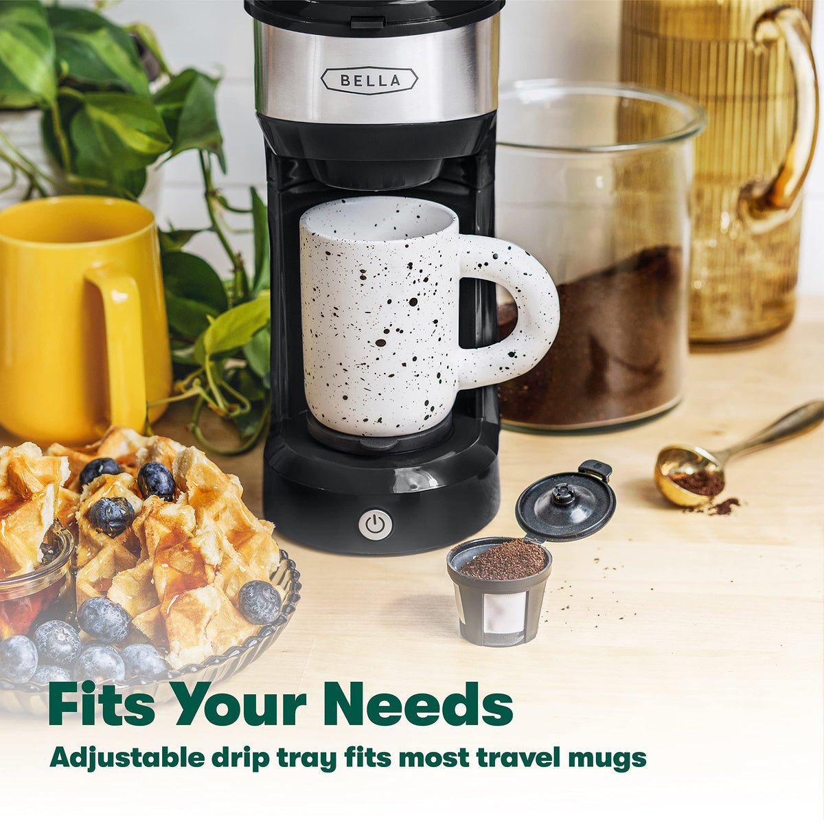 Bella Dual Brew ground coffee adapter in use for fresh grounds.