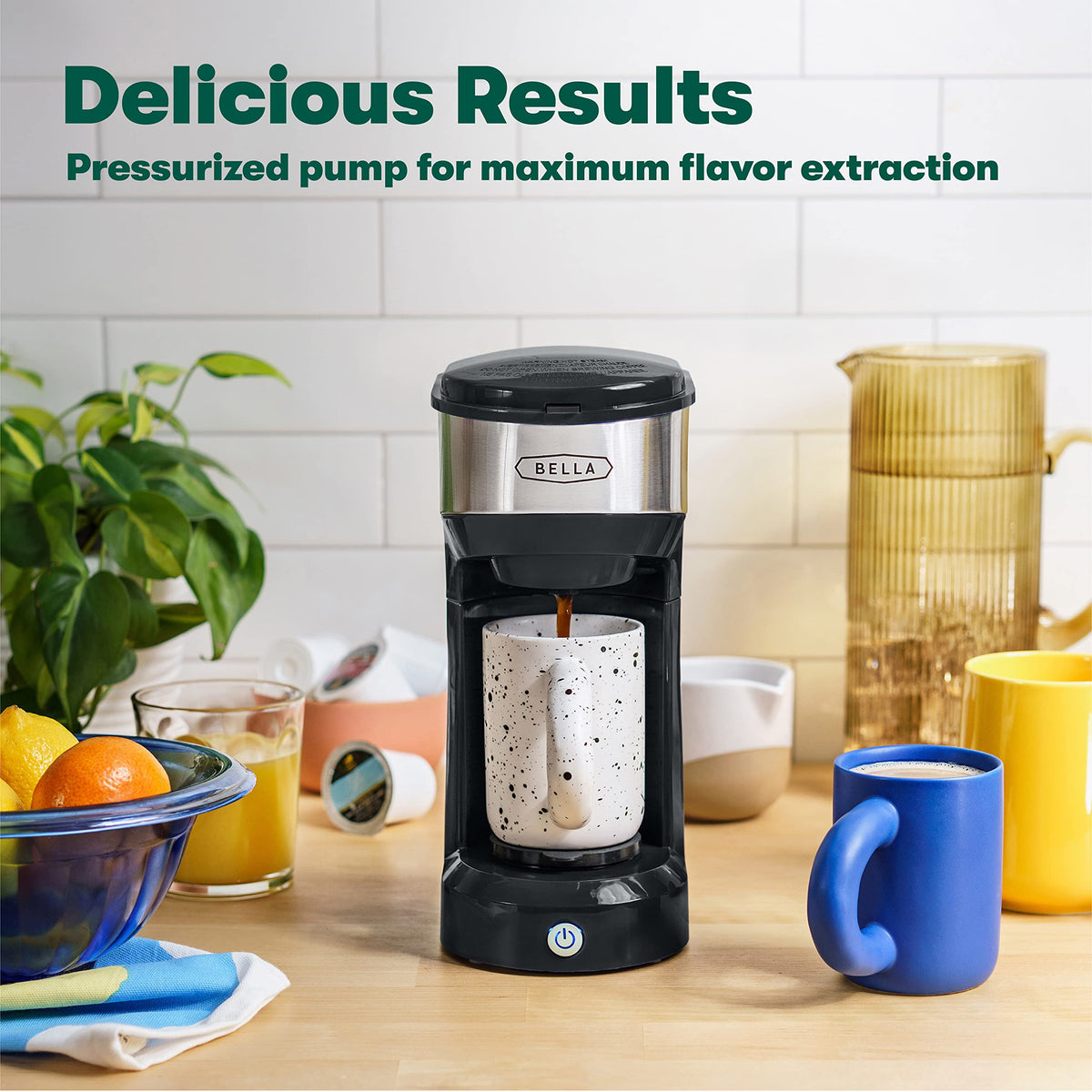 Bella Dual Brew K-Cup brewing in action for fast, mess-free single serve.