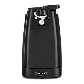 BELLA electric can opener demonstrates automatic turn for effortless lid release.