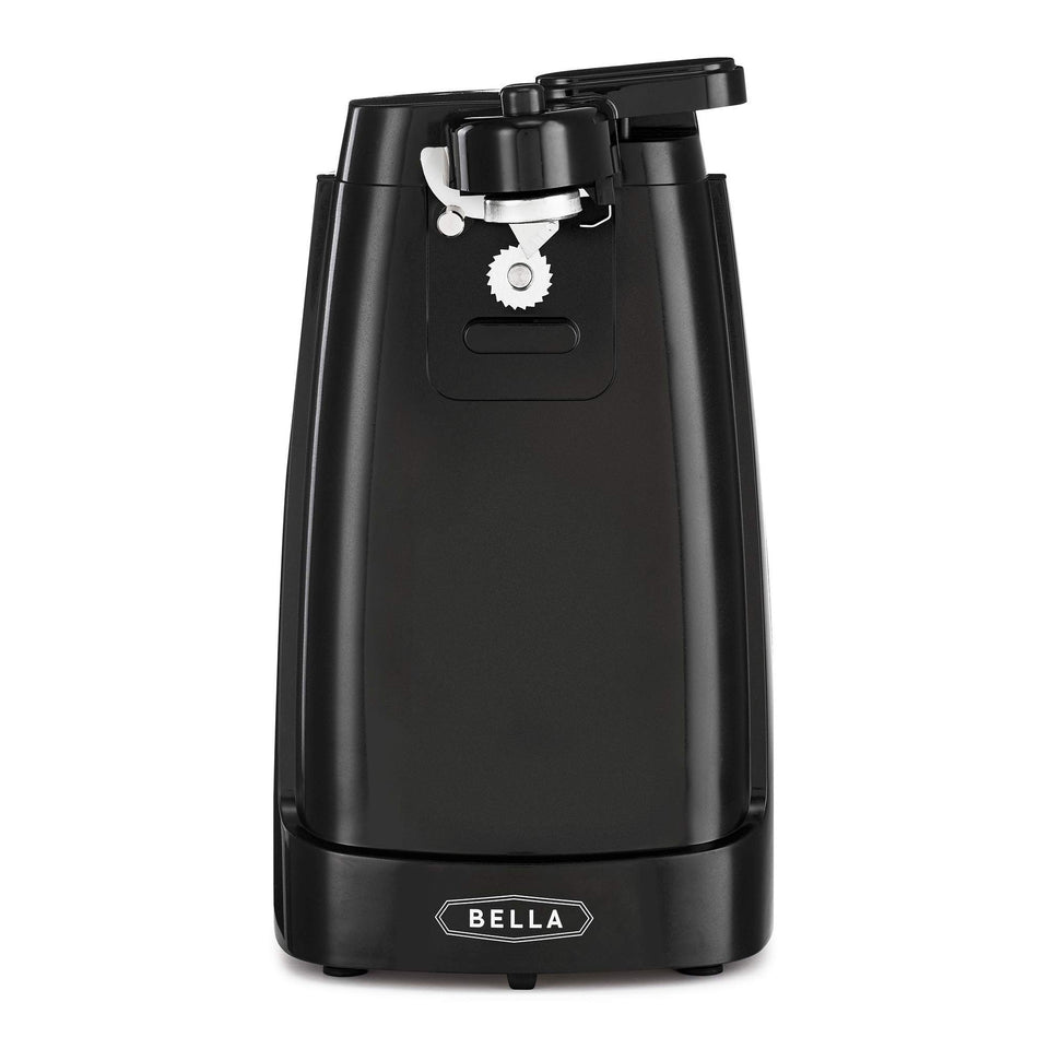 BELLA electric can opener demonstrates automatic turn for effortless lid release.