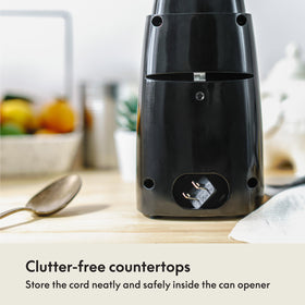 BELLA electric can opener in black finish complements modern kitchens.