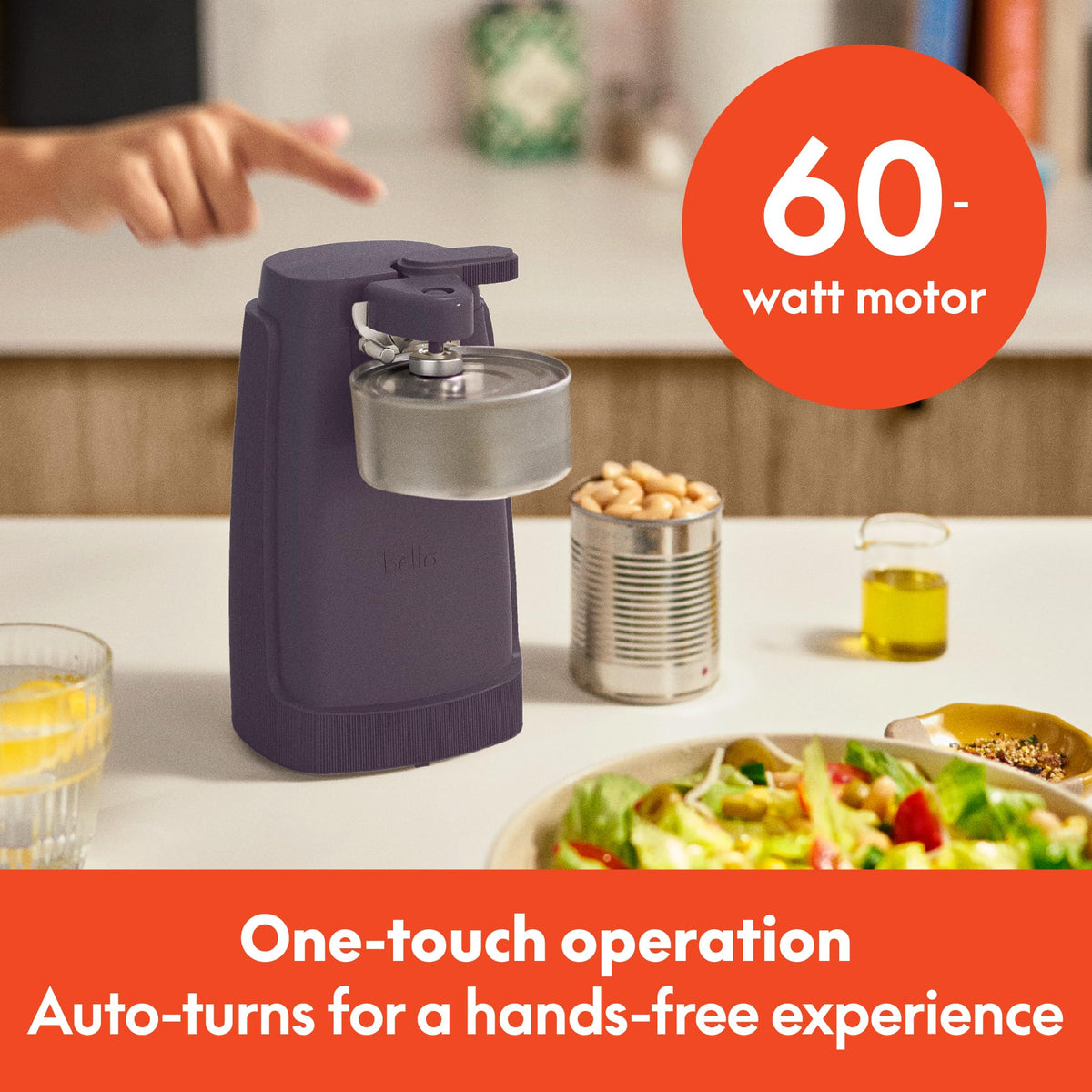 BELLA plum can opener in action, showcasing auto-turn for effortless use.