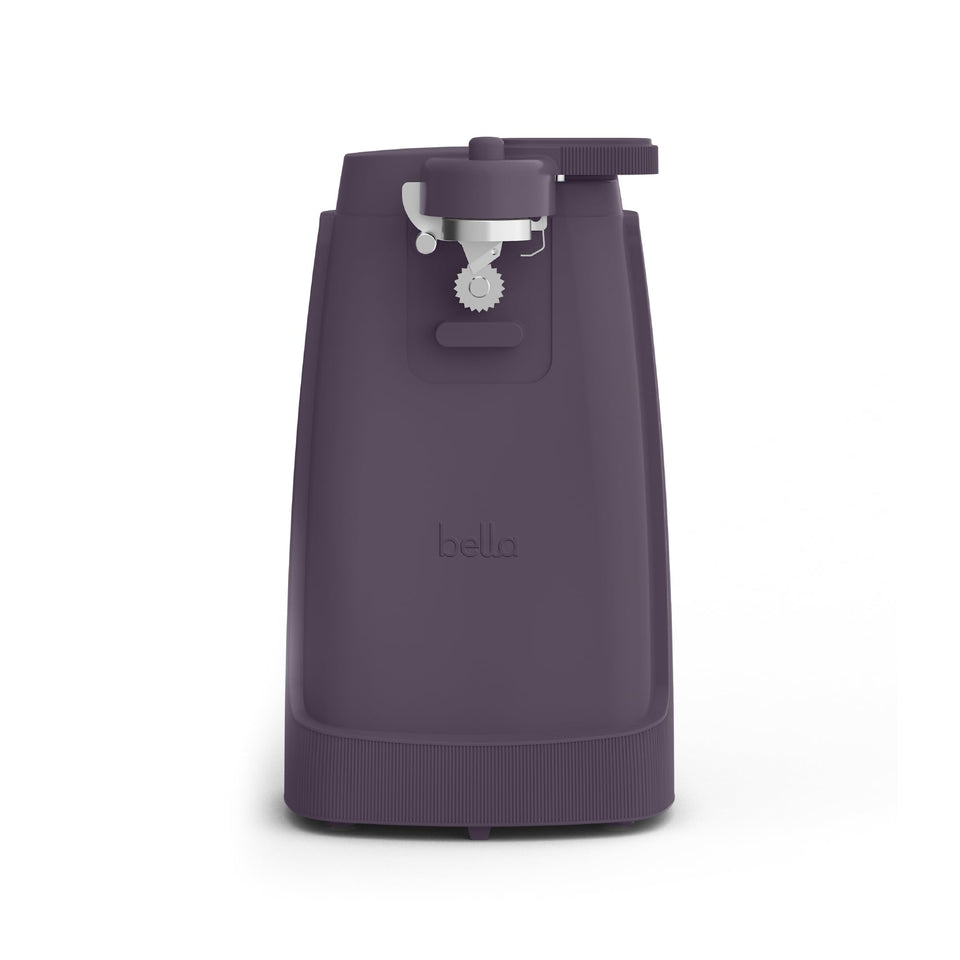 BELLA plum electric can opener and sharpener, front view, easy-to-use kitchen helper.