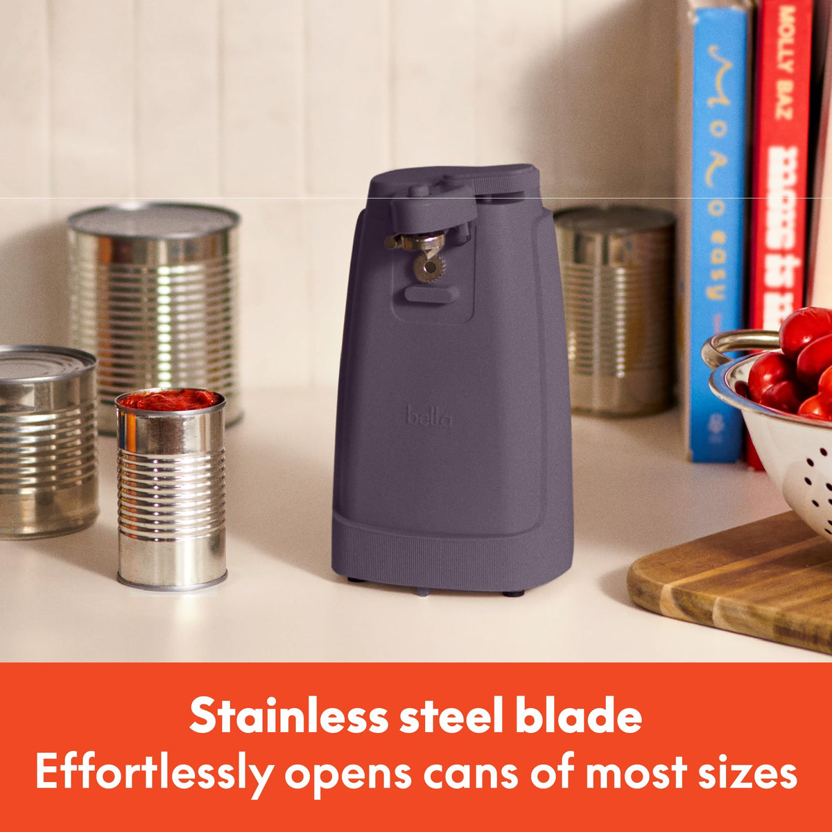 Close-up of BELLA's stainless steel blade for durable, precise cuts.