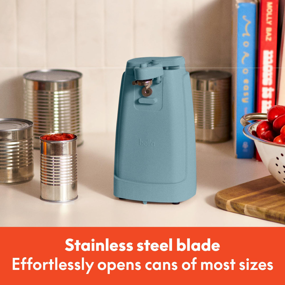 Bella electric can opener with magnetic lid holder keeps counters tidy