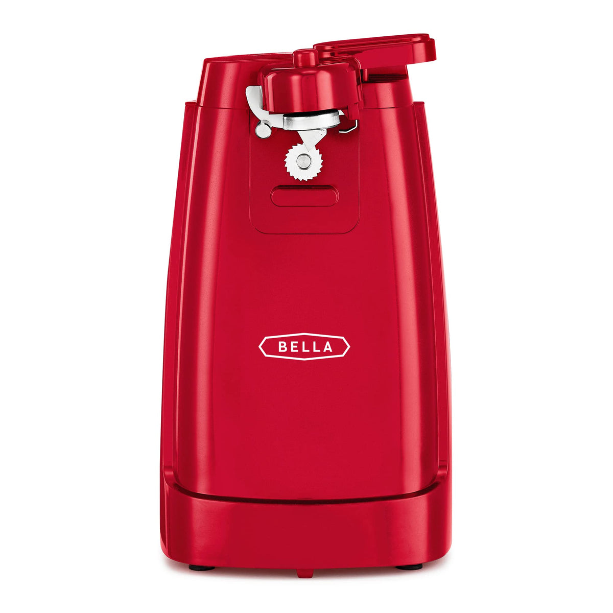 BELLA electric can opener on counter in red, easy daily use for quick meal prep.