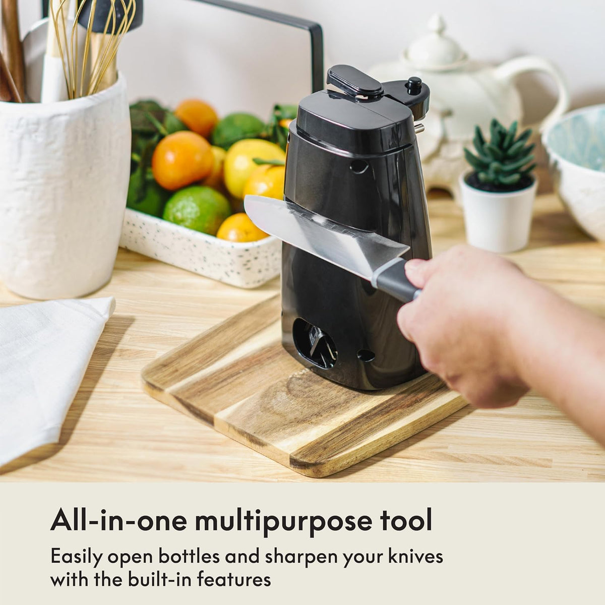 BELLA electric can opener highlights removable cutting lever for easy cleaning.