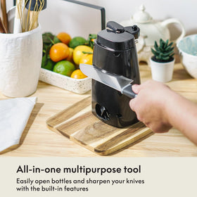 BELLA electric can opener highlights removable cutting lever for easy cleaning.