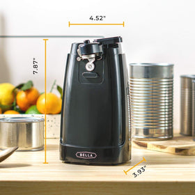 BELLA electric can opener shows stainless steel blade for durable, clean cuts.