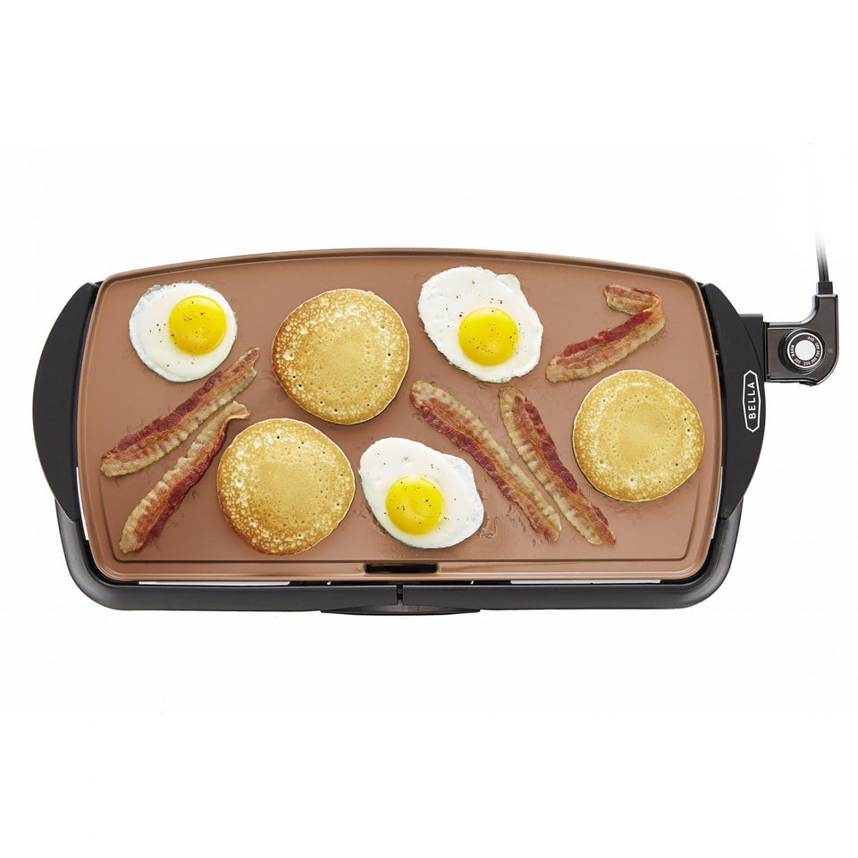 BELLA electric ceramic titanium griddle front view showing wide cooking surface for family breakfasts
