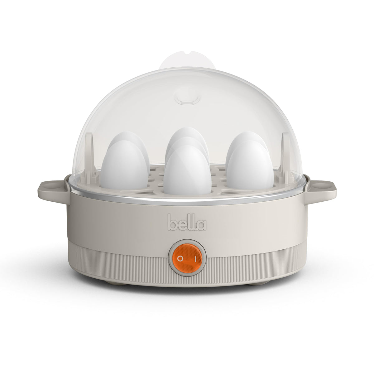Bella electric egg cooker with open lid showing eggs steaming for quick breakfast prep