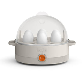 Bella electric egg cooker with open lid showing eggs steaming for quick breakfast prep