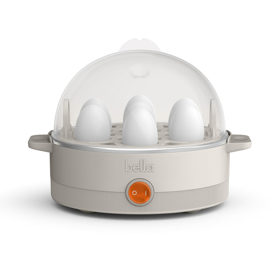 Bella electric egg cooker with open lid showing eggs steaming for quick breakfast prep