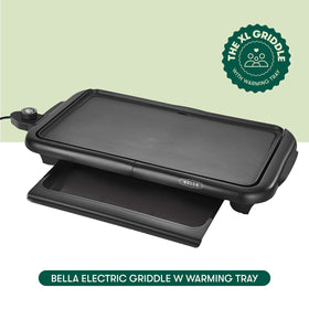BELLA electric griddle showing nonstick titanium ceramic coating for easy release.