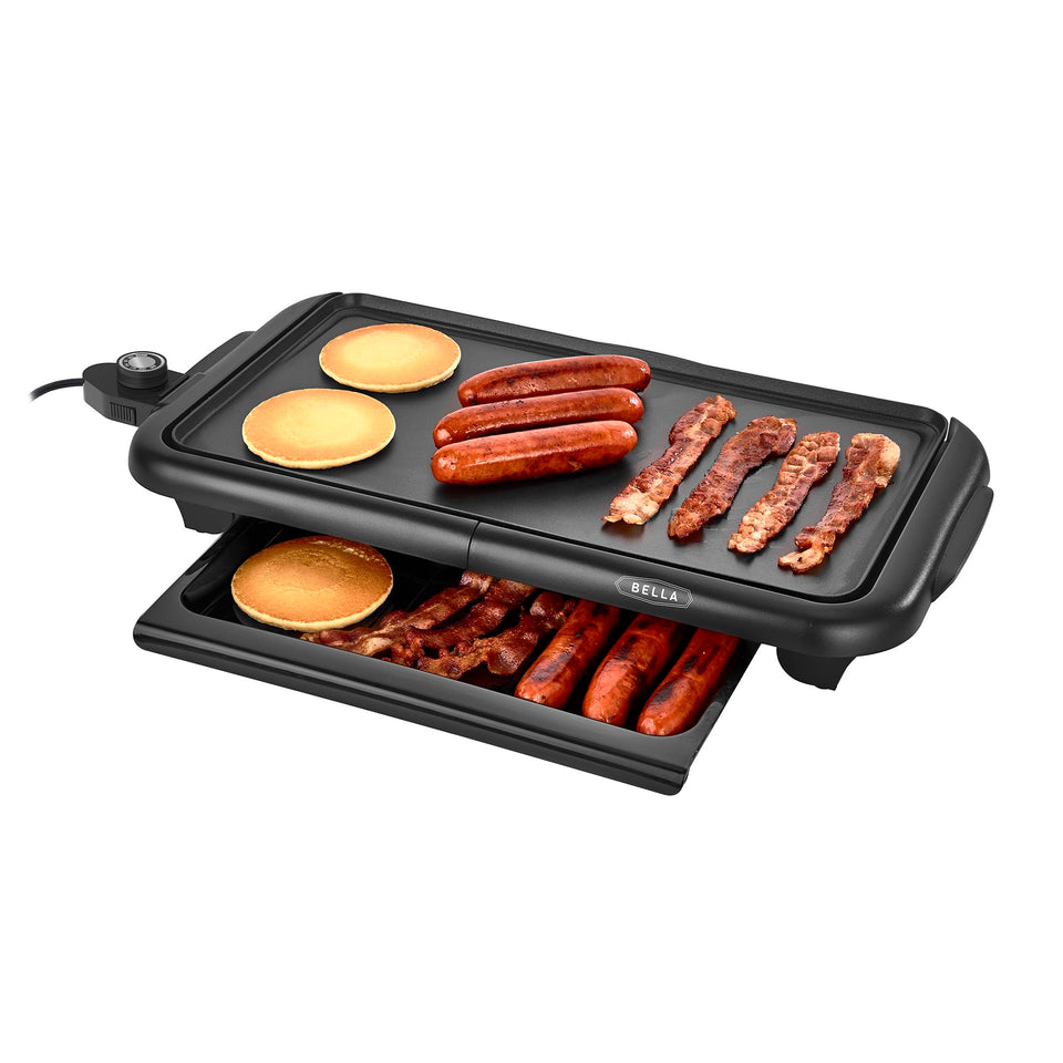 BELLA electric griddle top view with a large surface for pancakes and eggs.
