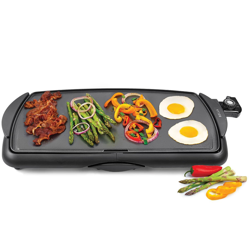 Bella electric nonstick griddle on a wide 20-in surface ideal for large batches.
