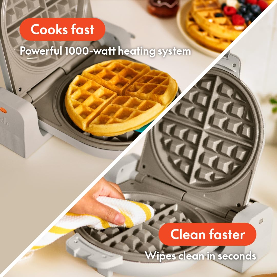 BELLA Flip-n-Store waffle maker 180-degree flip promotes even browning for waffles.