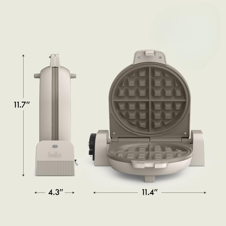 BELLA Flip-n-Store waffle maker power indicator light during preheat and ready states.