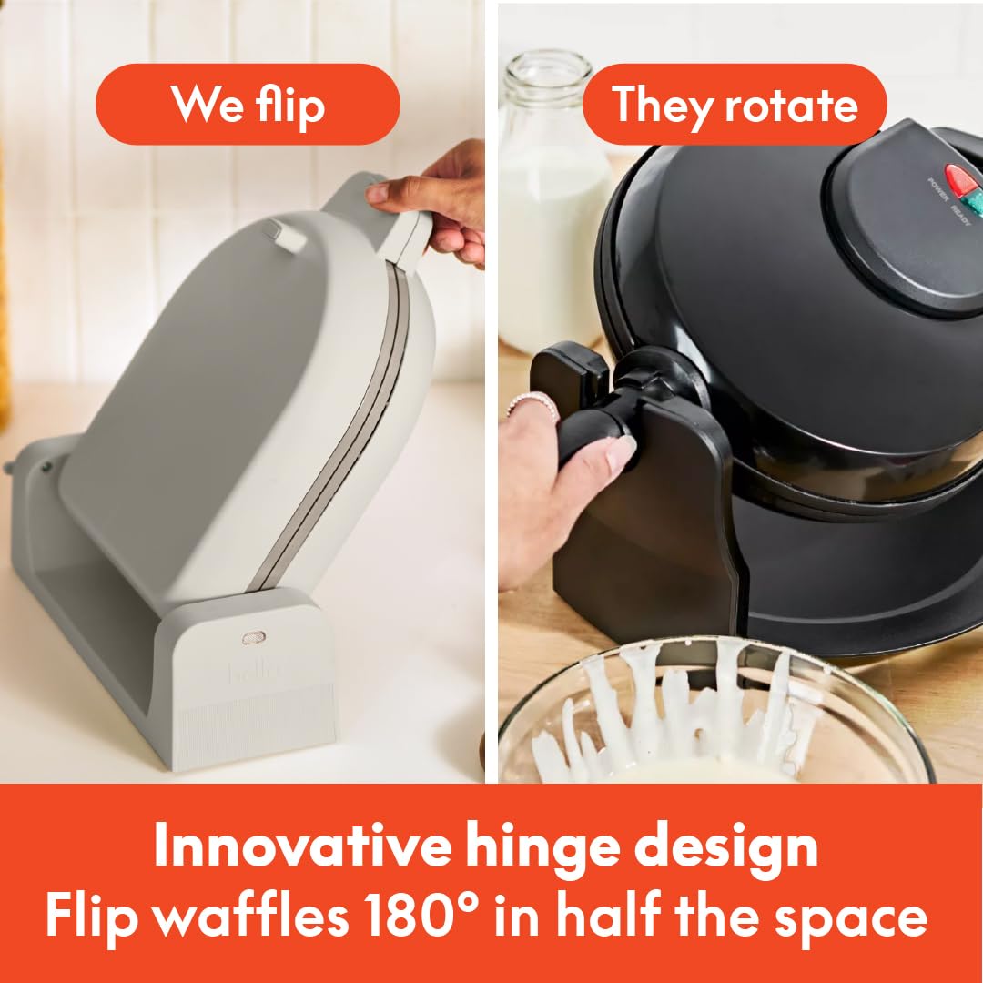 BELLA Flip-n-Store waffle maker side view highlights cool-touch handle for safe flipping.