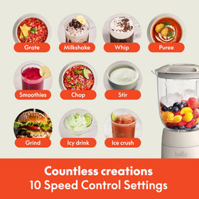 BELLA blender crushes ice for smooth icy drinks.