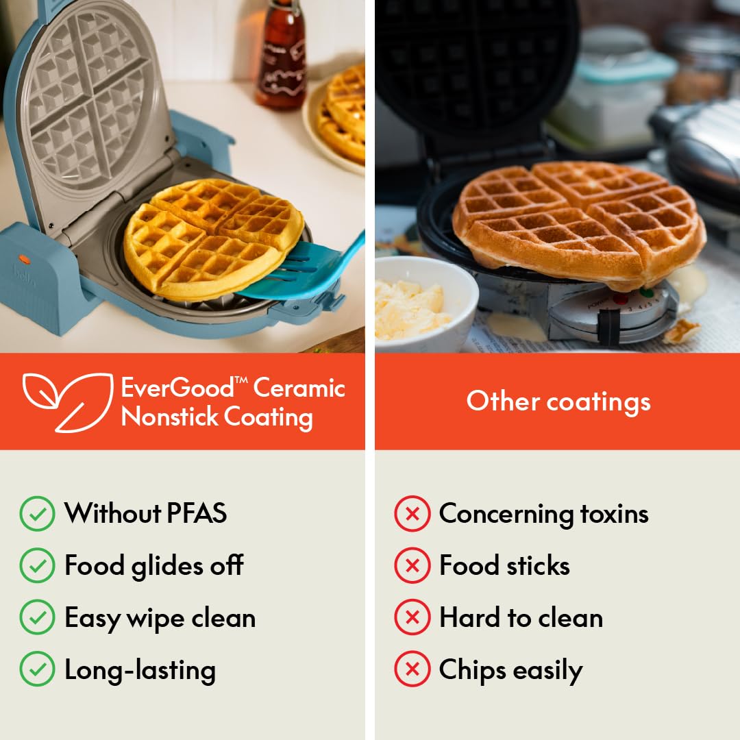BELLA Flip-n-Store waffle iron cool-touch handle offers safe, comfortable flipping.